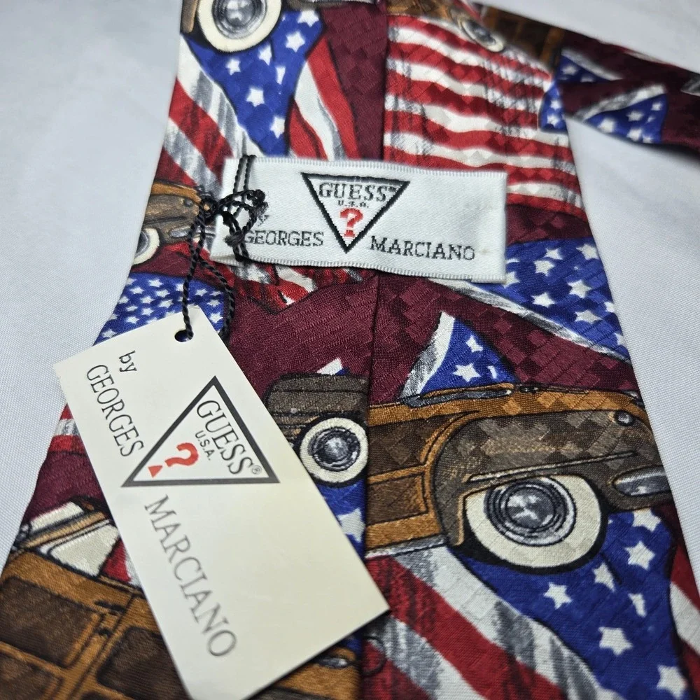 Vintage Guess By Georges Marciano Silk Neck‎ Tie Car America Flag 56 Inches USA